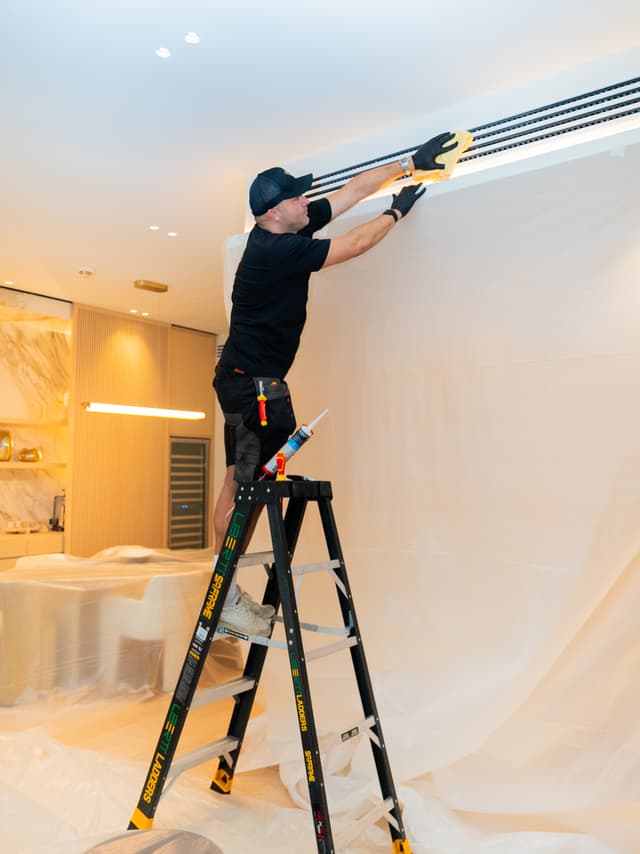 AC deep clean on ladder